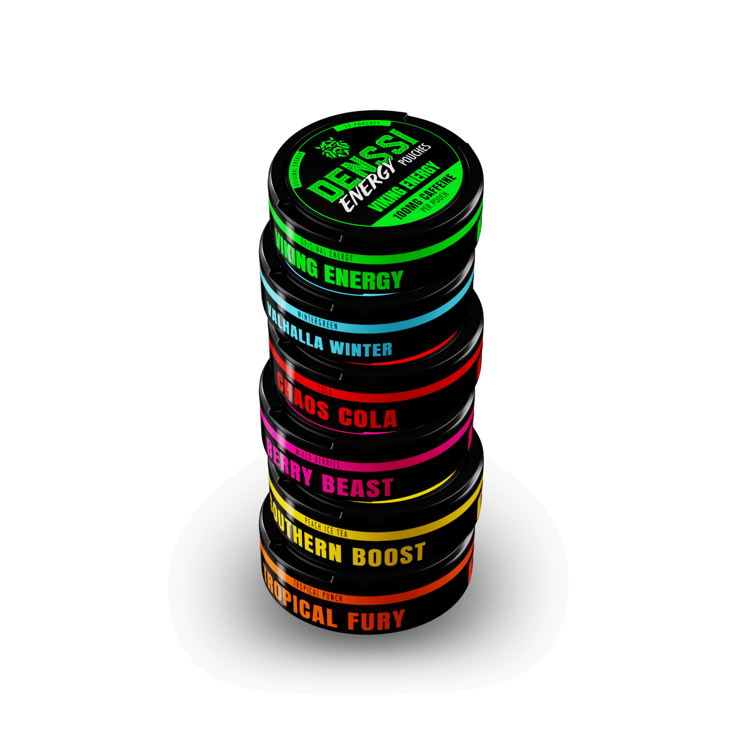 Denssi Energy Pouches Variety Pack OG Stack image with all 6 Denssi energy pouch flavors stacked. Tropical Fury (orange) at the bottom, Southern Boost (yellow), Berry Beast (pink), Valhalla winter (blue), chaos cola (red), and Viking energy green) on a transparent background 